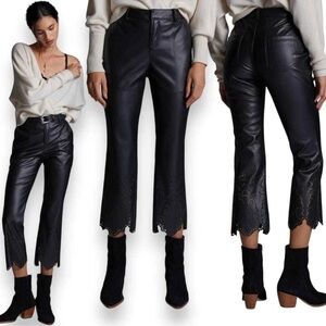 By Anthropologie Black Vegan Leather Laser Cut Scalloped Hem Cropped Pant Sz 6